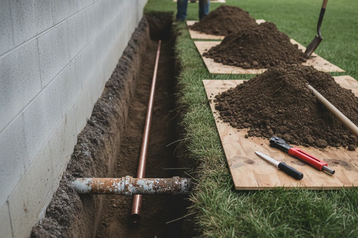 Excavated water line trench during Water Softener Installation in Arab